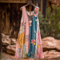 Women's Vintage Floral Applique Art Sleeveless Dress elevenforest