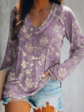 Women's Folk Floral Art Print Casual V-Neck Long Sleeve T-Shirt