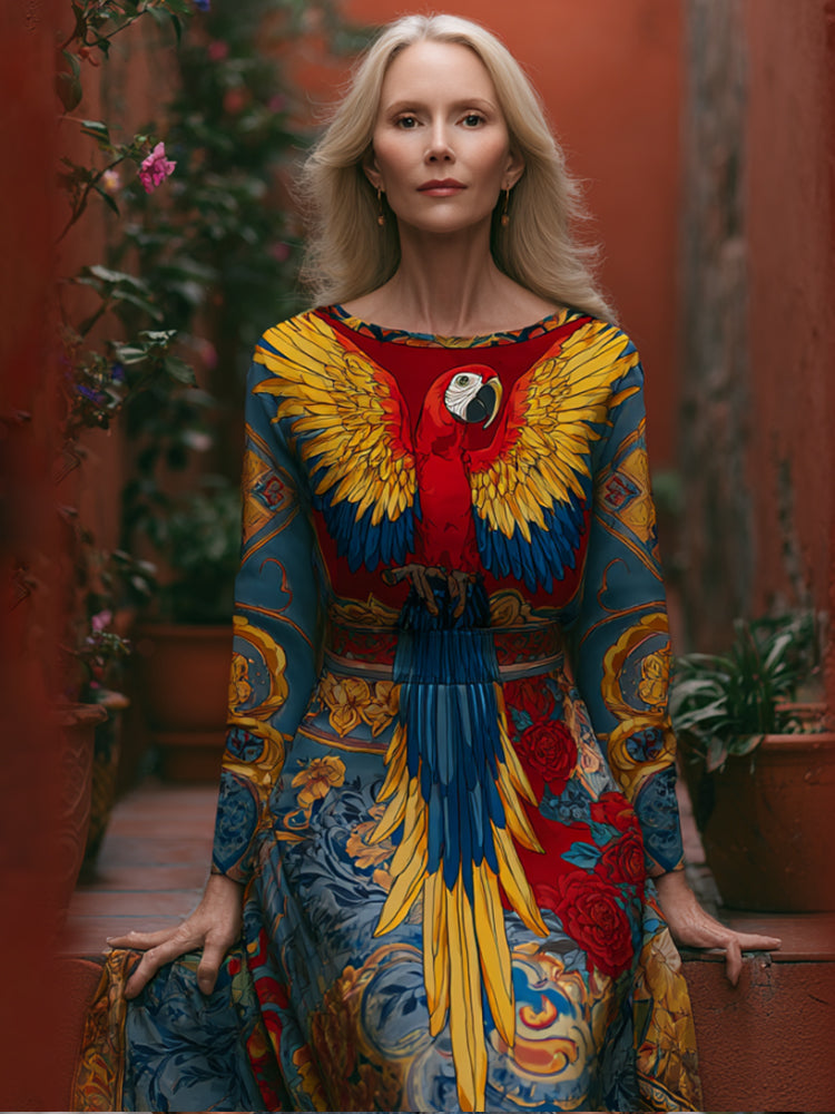 Women's Colorful Parrot And Floral Round-neck Linen Dress elevenforest
