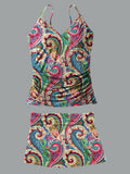 V-Neck Vintage Multicolor paisley Art Print Suspender Skirt Tankini Pantskirt Set Swimsuit