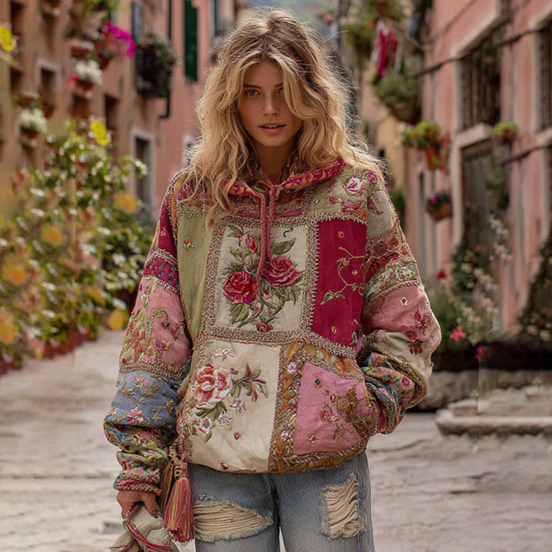 Women's Classic Bohemian Floral And Rose Patchwork Cozy Warm Hoodie elevenforest