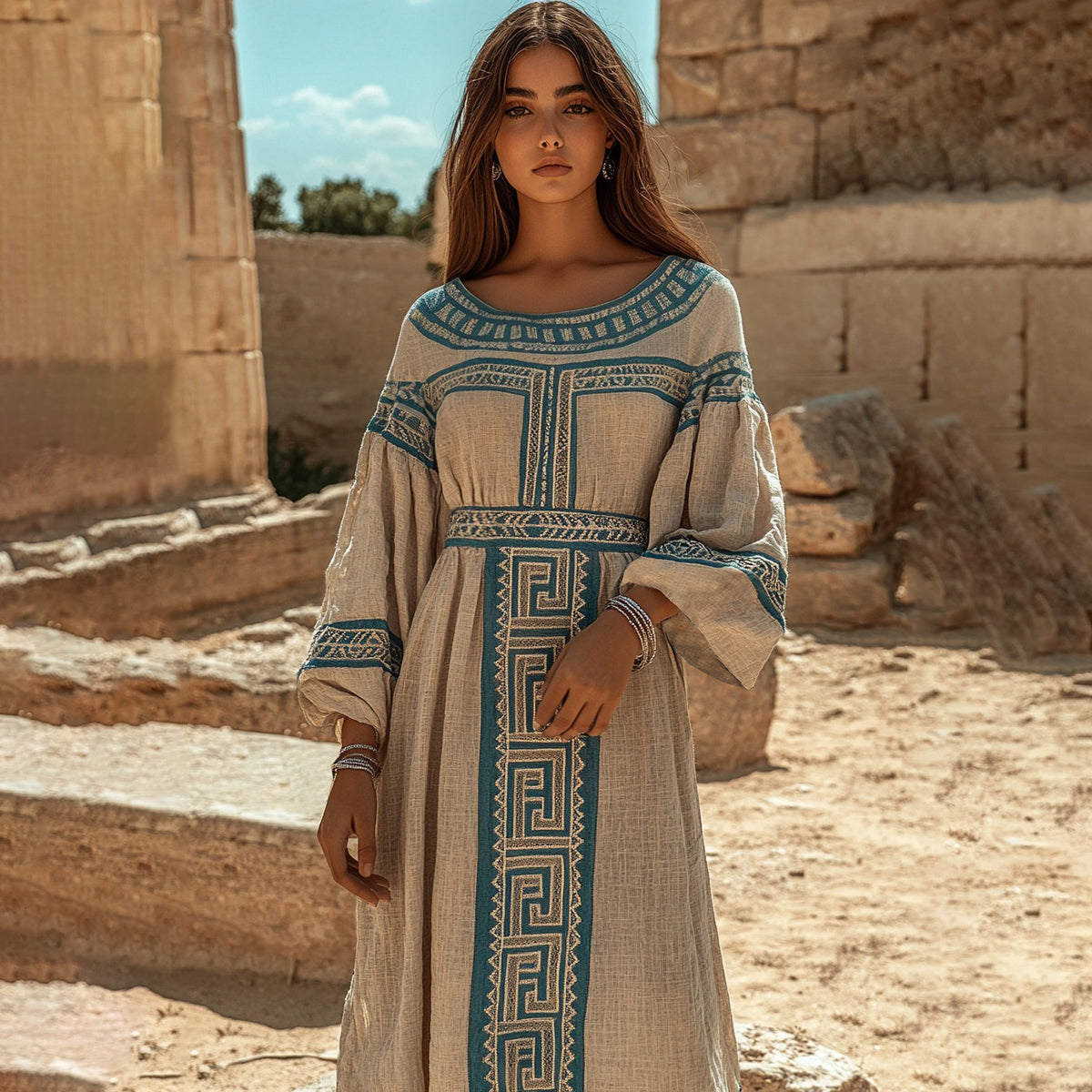 Retro Classic Greek Key Crew Neck Linen Blend Maxi Dress elevenforest