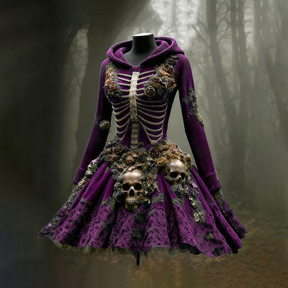 Women's Halloween Skull Flower Moss Witch Sweater Dress artswardrobe