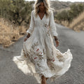 Women's Vintage Rose Embroidery Art Casual Long Sleeve Maxi Dress elevenforest