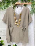 Women's Linen Crew Neck Drop Shoulder Pocket Top