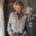 Women's Vintage Plum Blossom Embroidered Floral Linen Long Sleeve Shirt elevenforest