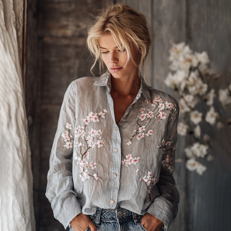 Women's Vintage Plum Blossom Embroidered Floral Linen Long Sleeve Shirt elevenforest