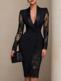 Comstylish Sophisticated Black Blazer-style Lace Midi Dress