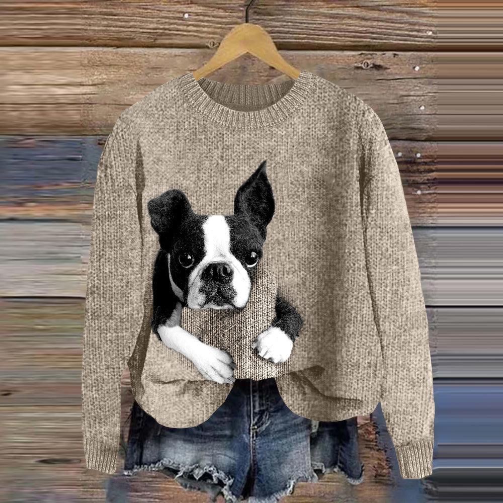 Comstylish Cute Boston Terrier Lazy Puppy Applique Wool Felt Art Cozy Sweater
