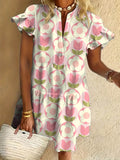 Multicolor Cute Flower Art Print Ruffled Short-sleeved V-neck Buttoned Dress Vacation Beach Dress
