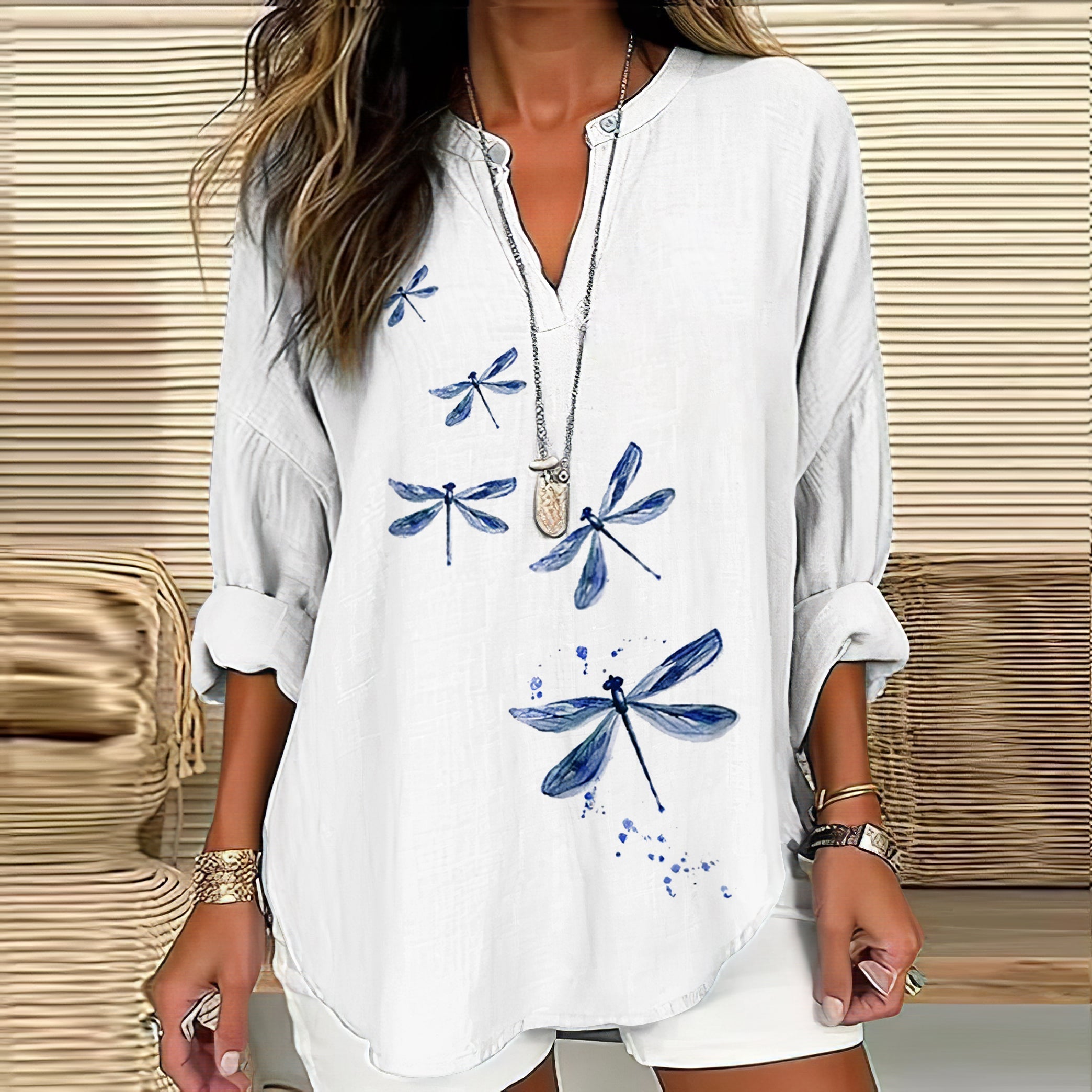 Women's Watercolor Dragonfly Print Casual Shirt elevenforest
