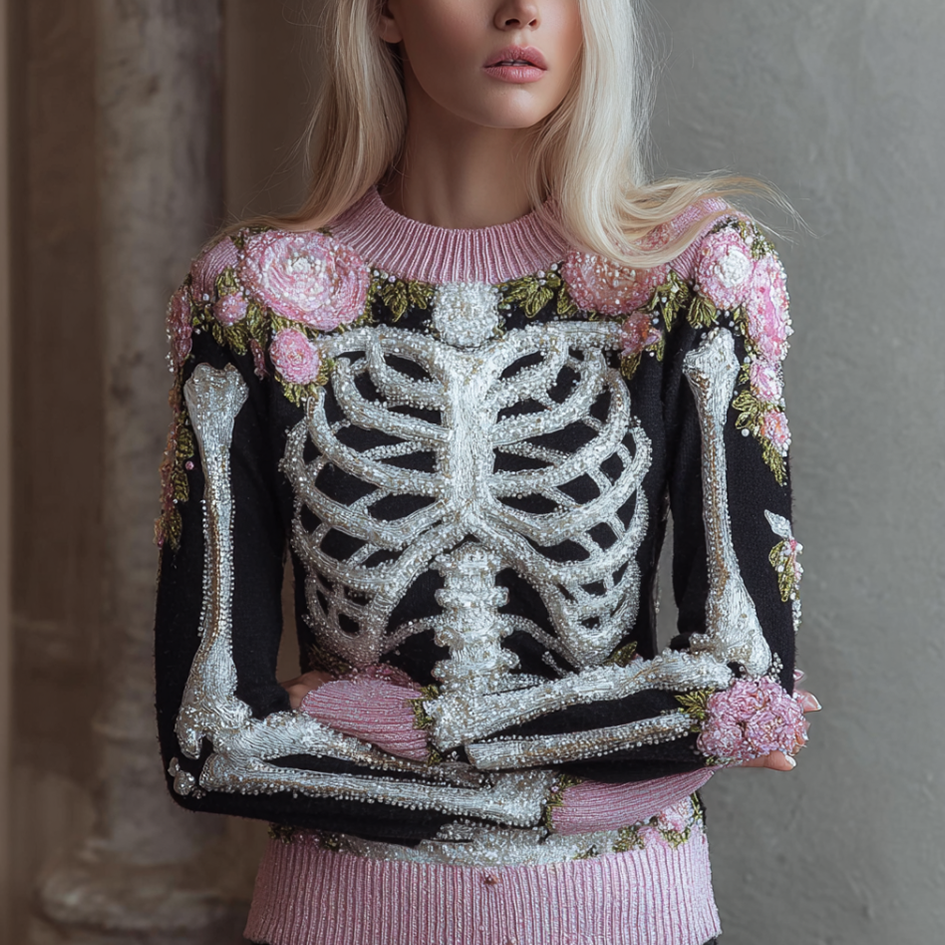 Comstylish Halloween Skeleton And Plant Flower Pattern Combined Design Women's Knitted Sweater