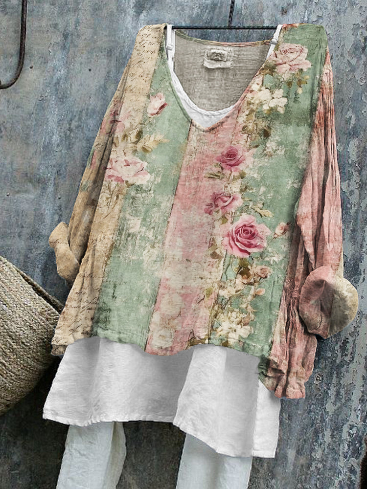 Vintage Roses Floral Colorblock Linen Tunic elevenforest