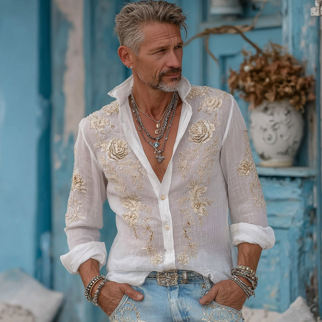 Men's Vintage Floral Embossed Comfort Linen Shirt elevenforest