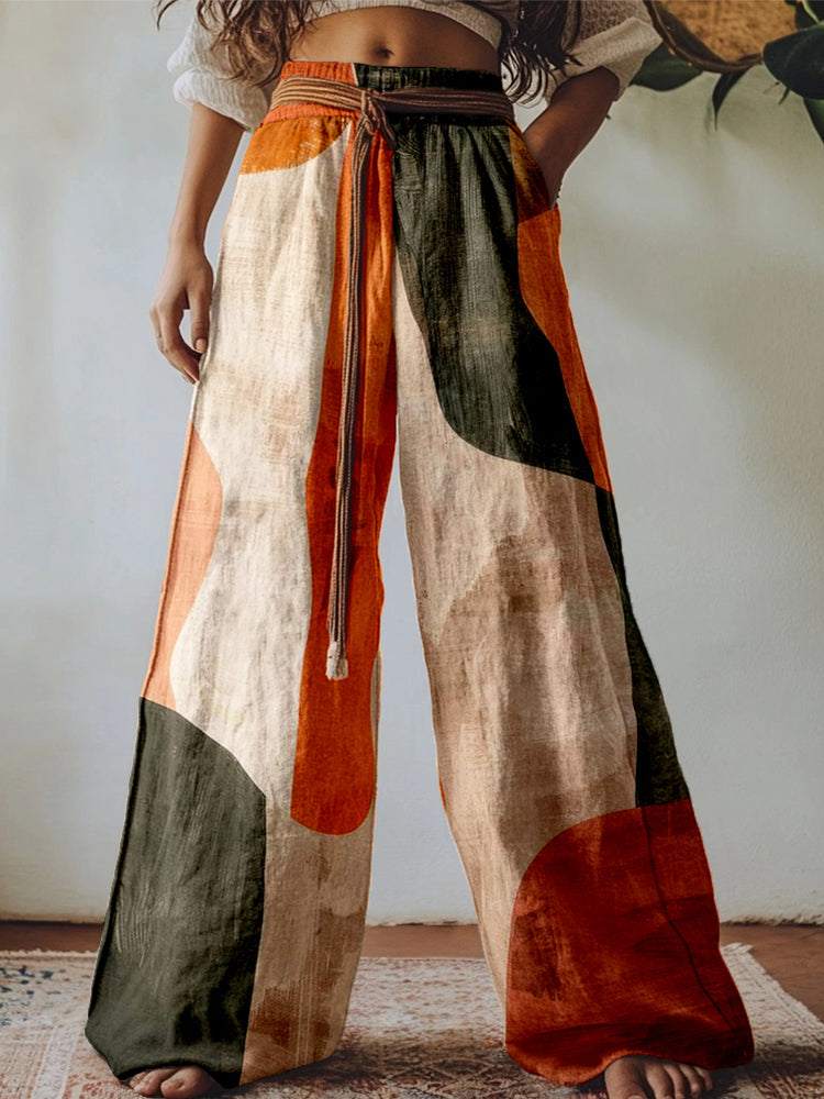 Vintage Abstract Boho Art Linen Blend Casual Pants elevenforest