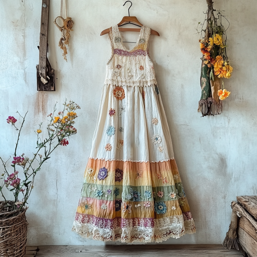 Boho Rainbow Floral Embroidered Pattern Lace Patchwork Art Linen Dress elevenforest