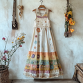 Boho Rainbow Floral Embroidered Pattern Lace Patchwork Art Linen Dress elevenforest