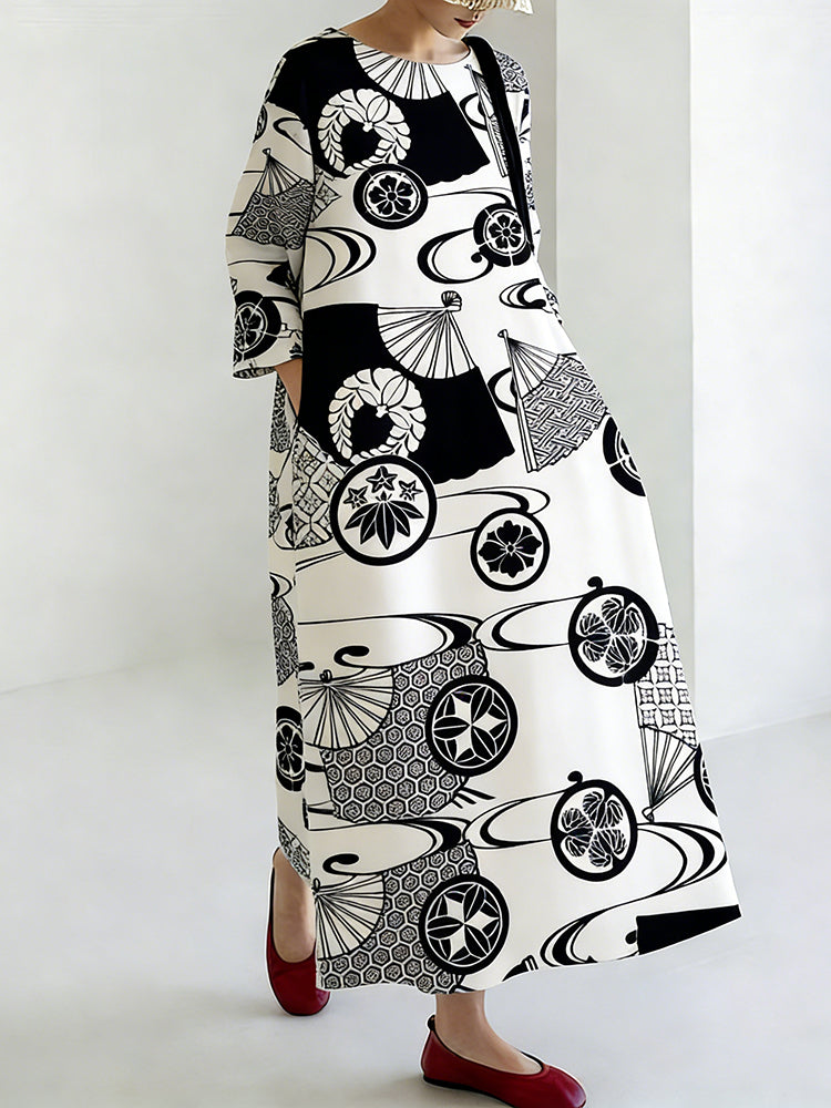 Comstylish Japanese Fan And Totem Print Dress