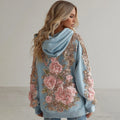 Women's Vintage Pink Flower Embroidery Art Long Sleeve Hoodie elevenforest