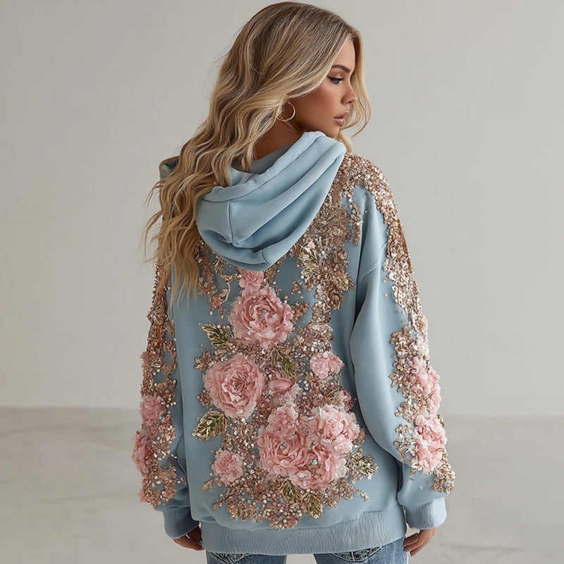 Women's Vintage Pink Flower Embroidery Art Long Sleeve Hoodie elevenforest