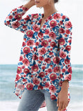 Watercolor Peony Repeat Pattern Printed Women's Casual Linen V-neck Shirt