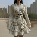 Women's Halloween Skull With Rose Art Cozy Knit Sweater Dress elevenforest