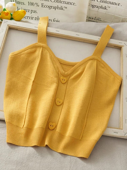 Crop Top Sweater Tank Top Button Up V Neck Sleeveless Knit Top Beach Vest Female Camisole Cotton Tank
