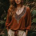 Retro Boho Tribal Embroidery Print Cotton And Linen Blend Loose Blouse elevenforest