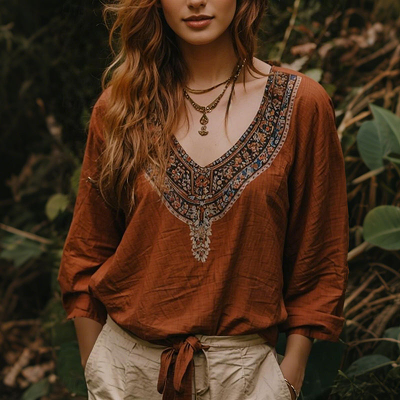 Retro Boho Tribal Embroidery Print Cotton And Linen Blend Loose Blouse elevenforest