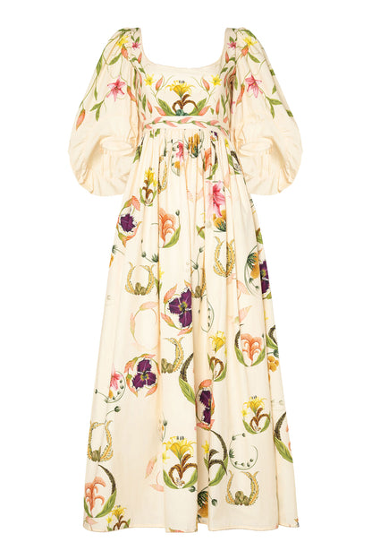 Embroidery Puff Sleeve Square Collar Midi Dress