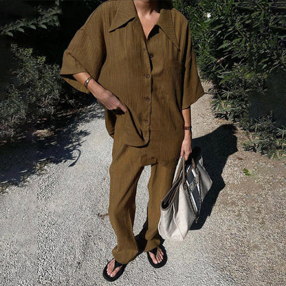 Spring Half Sleeve Shirt Brown Two Piece Set Loose Pants Suit