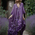 Bohemian Style Purple Tie-dye Lavender Three-dimensional Embroidery Sequin Short-sleeved V-neck Long Dress elevenforest