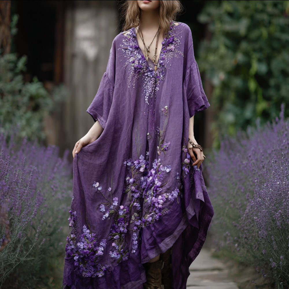 Bohemian Style Purple Tie-dye Lavender Three-dimensional Embroidery Sequin Short-sleeved V-neck Long Dress elevenforest