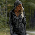 Comstylish Women's Vintage Skeleton Rose Gothic Art Zipper Knit Hooded Sweater