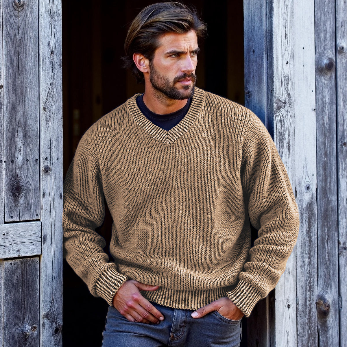 Men's Retro Solid Color V-Neck Sweater elevenforest