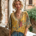 Bohème Color Floral Retro V-neck Linen Short Sleeve elevenforest