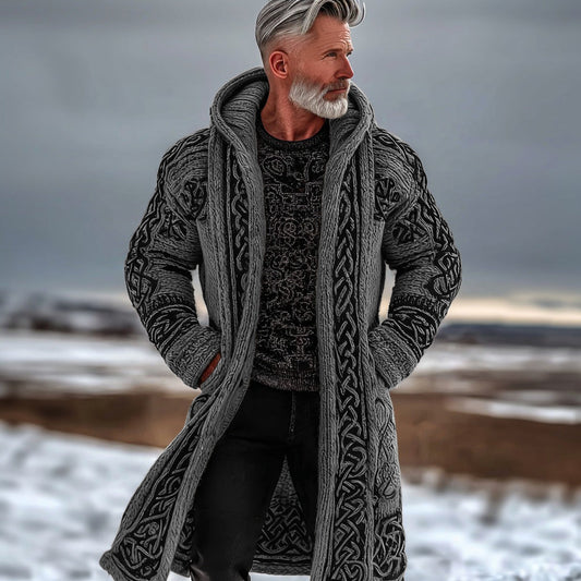Men's Vintage Celtic Knot Knit Long Hooded Sweater Jacket artswardrobe
