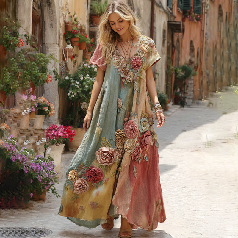 The Ice Cream Collection Women's Classic Bohemian Floral And Rose Gradient Art Linen V Neck Maxi Dress elevenforest
