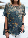 Women's Retro Floral Cotton and Linen Crew Neck Top
