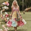 Women Vintage Pink Floral Patch Art V Neck Linen Maxi Dress elevenforest