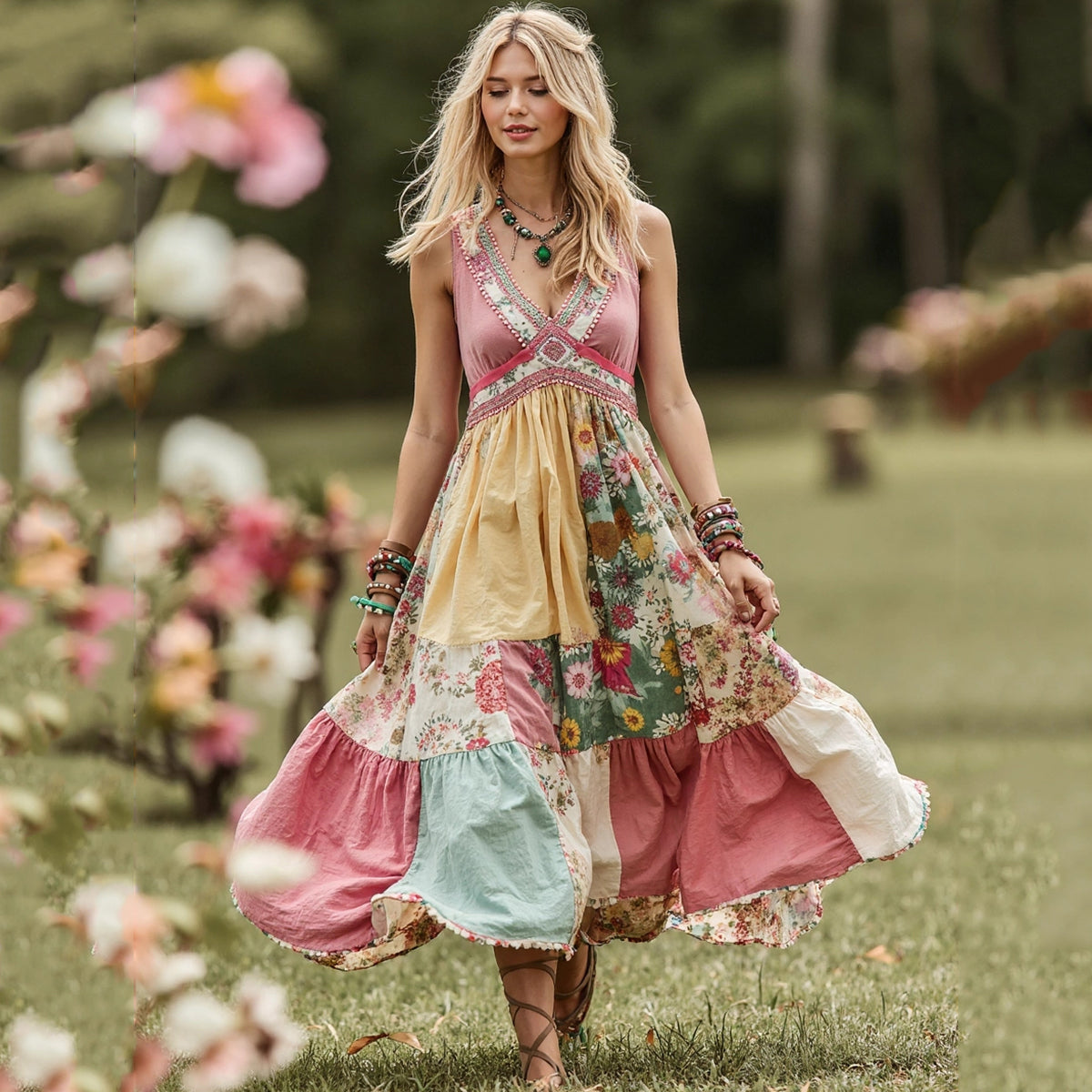 Women Vintage Pink Floral Patch Art V Neck Linen Maxi Dress elevenforest