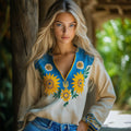 Ukraine Sunflower Embroidery Blend Linen V Neck Loose Blouse elevenforest