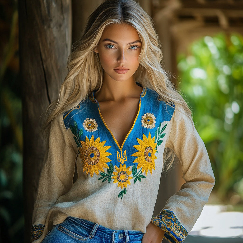 Ukraine Sunflower Embroidery Blend Linen V Neck Loose Blouse elevenforest