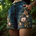 Women's Bohemian Style Three-dimensional Pink Flower Design Denim Shorts elevenforest