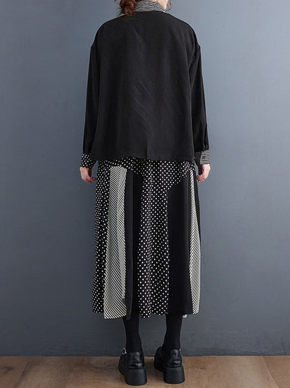 Loose Oversize Striped Polka-dot Split-joint Blouse Top A-line Skirt Bottom Two Pieces Set