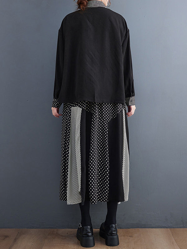 Loose Oversize Striped Polka-dot Split-joint Blouse Top A-line Skirt Bottom Two Pieces Set