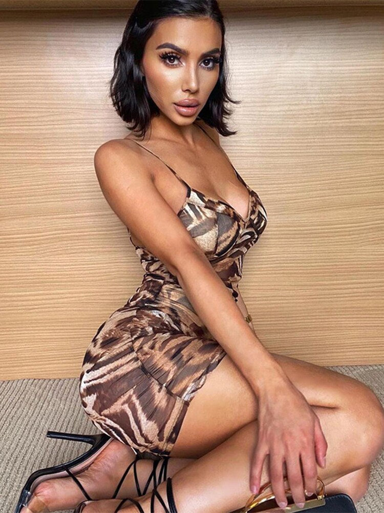 Low Cut V-neck Printed Graphic Dress Summer Club Party Wear Bodycon Sling Mini Dresses Female