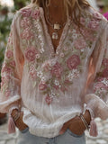 Women's Three-dimensional Romantic Flower Embroidery Casual Retro Long-sleeved Shirt elevenforest