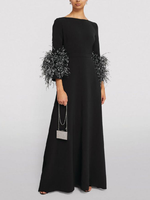 Simple Black and White Feather Long Sleeve Party Dress
