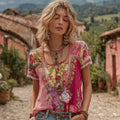 Women's Bohemian Floral Embroidered Art Crew Neck Linen Blend T-shirt elevenforest